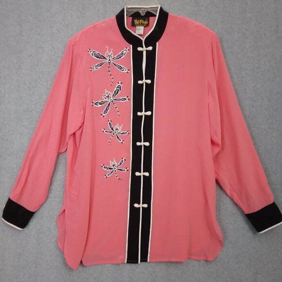 Bob Mackie | 2 Pc Dragonfly Pink Mandarin Collar Silk Blouse w/tank | Size XL - Picture 2 of 12